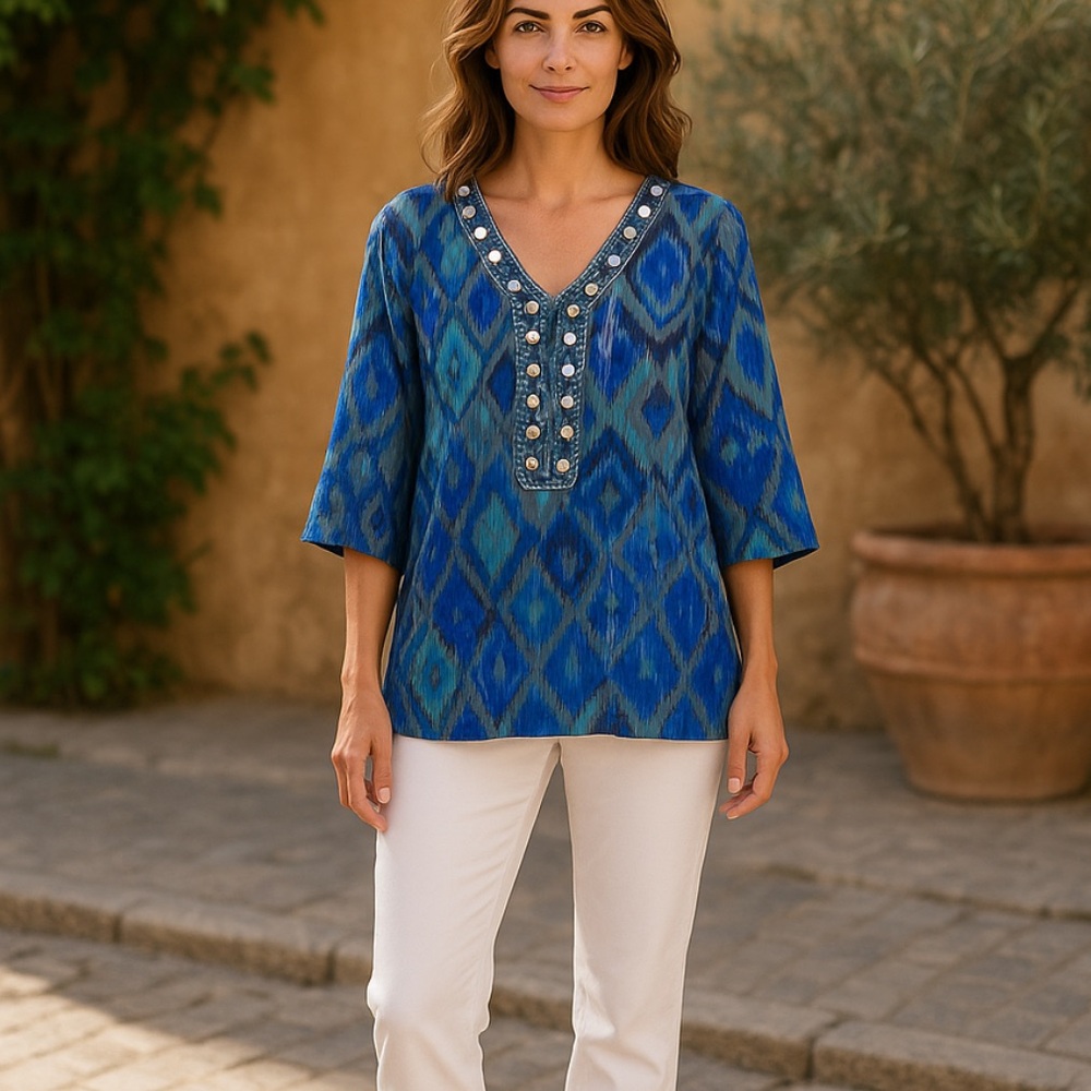 Chico's Blue Embellished Tunic with 3/4 Sleeves